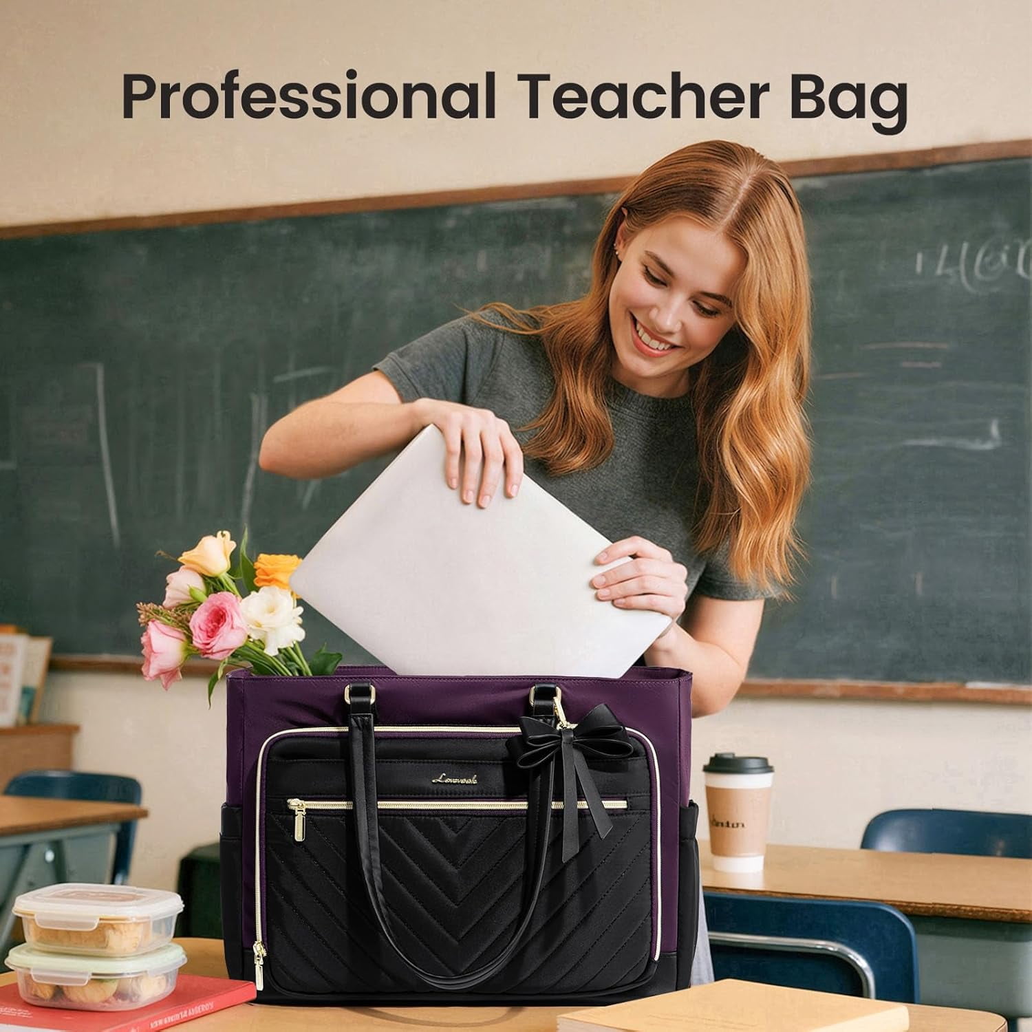 LOVEVOOK Quilted Teacher Tote Bag for Women, Large Laptop Tote with Cup Holder & Multi-Pockets, Work Bag for Nurse, Office, College, Business Travel, Diaper Bag, Computer Handbag Purse