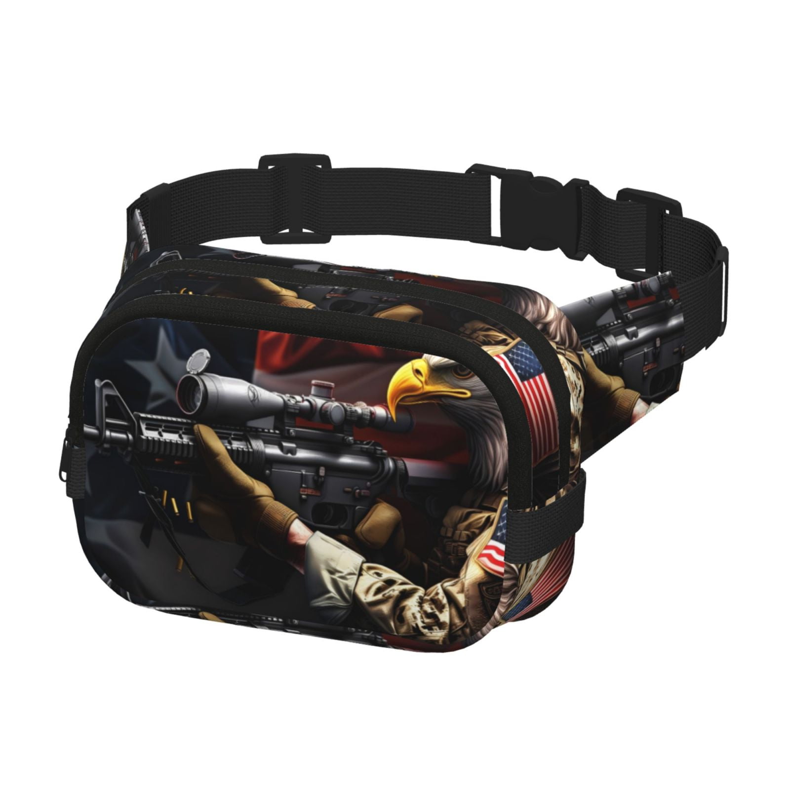 Picia American Bald Eagle Warrior Print Square Double-Layer Waist Bag Mini Adjustable Waist Belt Bag Exercise Running Travel Hiking