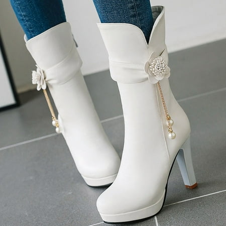 

MIASHUI Winter High Heel Warm Women s Boots Flower Pearl Low Boots Thick Heel Shoes Women Sneakers Shoes Wedges Women Shoes Casual