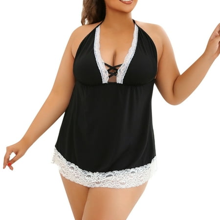 Blphud Lingerie Body Suits Women Hell Bunny Womens plus Size Lingerie Lace Chemise Sexy Mesh Sleepwear Deep V Teddy Nightdress for Sexy Night Gown for Women Comfy Black XL