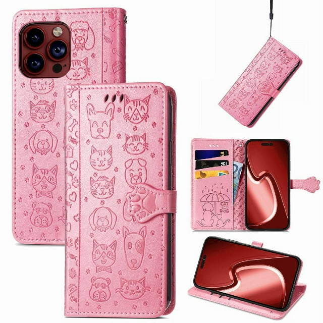 Funda Cartera FOXDOCK para iPhone 15 Pro , Flip PU con Relieve de Gatos y Perros, Tarjetero y Soporte