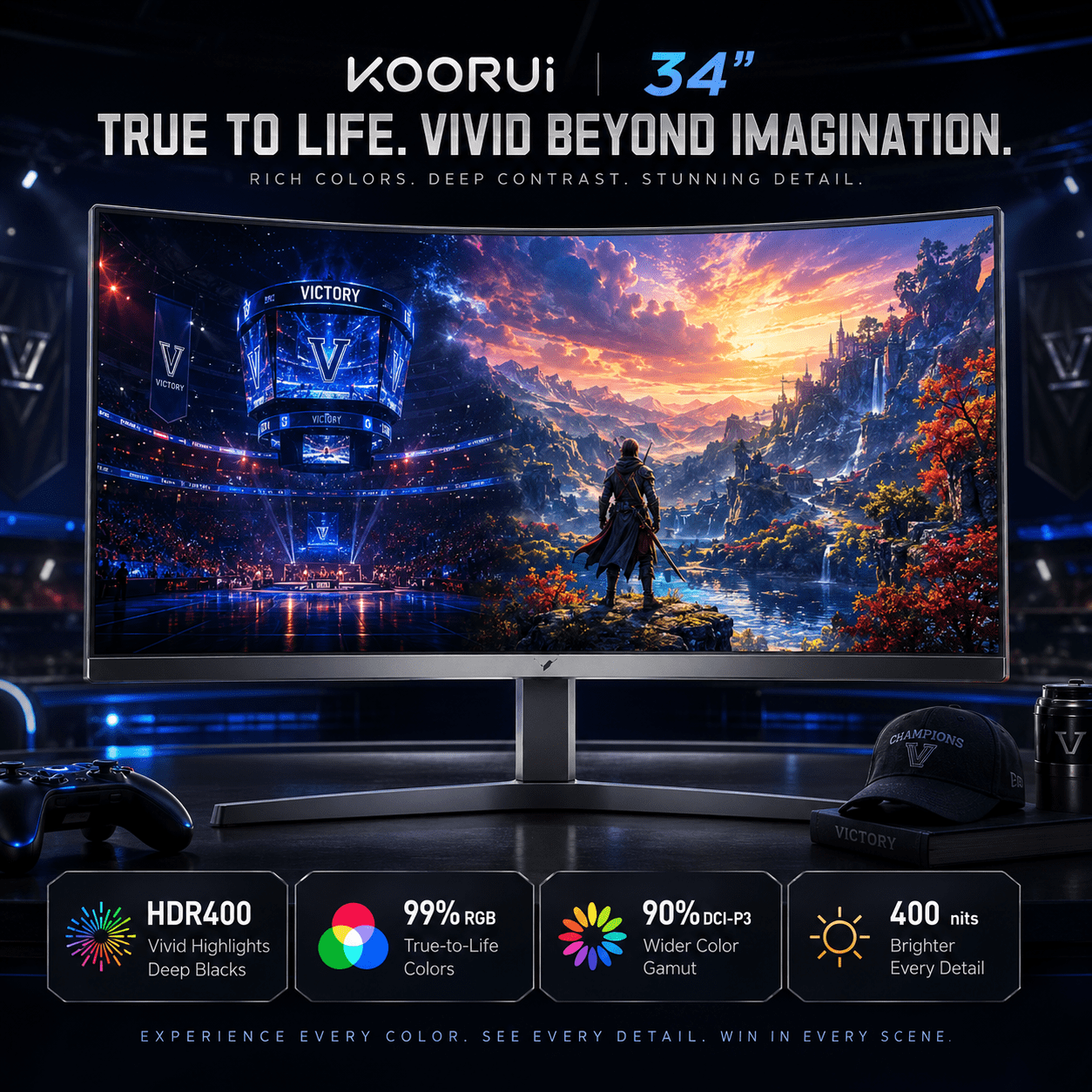 KOORUI 34''  WQHD Curved Gaming Monitor, 180Hz Ultrawide Monitor, 3440×1440p 1ms(MPRT) HDR400, Black