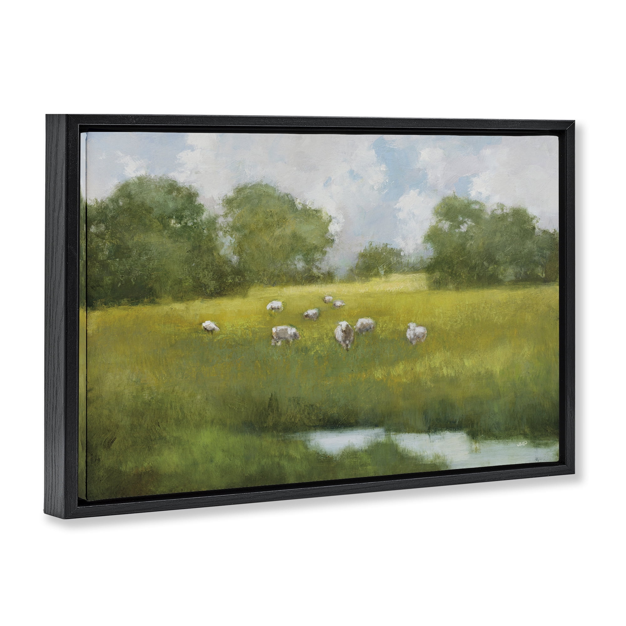 Stupell Industries Sun Grazing Sheep Landscape & Nature Painting Black Floater Framed Canvas Art Print Wall Art, 25 x 17