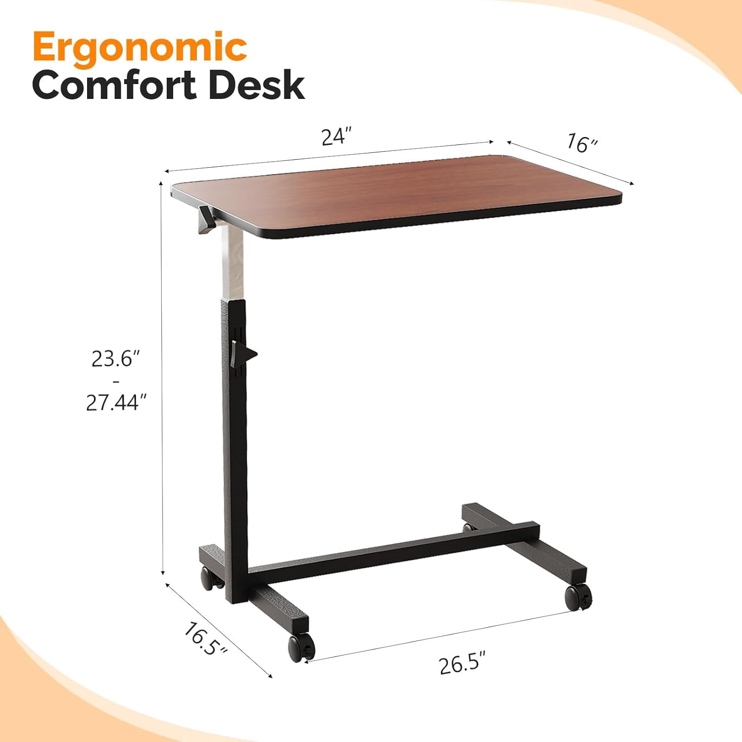 Yunken 23.6 Inch Adjustable Rolling Laptop Desk, Tilting Desktop, Mobile Sit Stand Workstation for Bed Sofa Hospital Reading Eating, (Brown)
