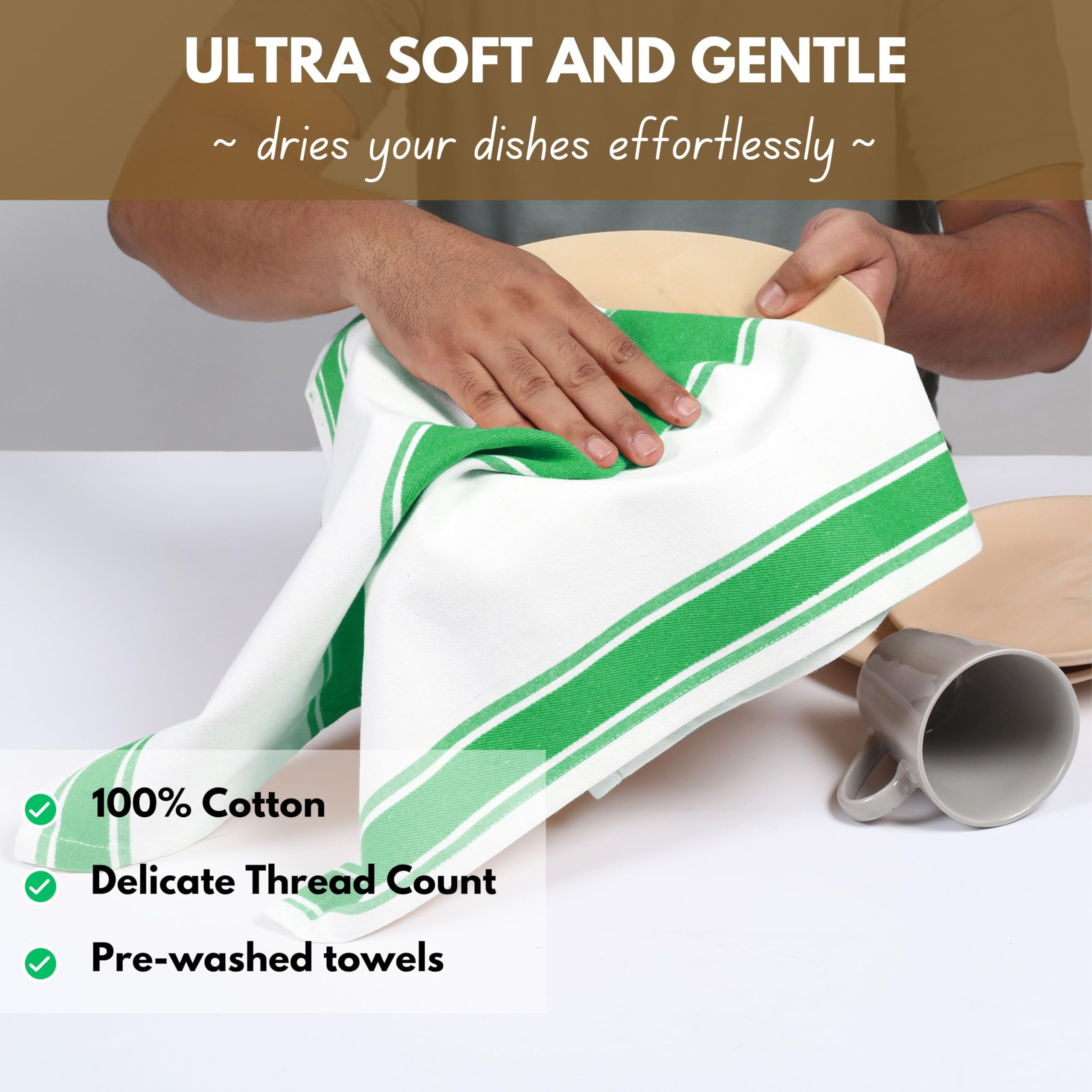 Native Fab Green Kitchen Towels 18 x 28 Inch, 12 Pack, Wide Stripe, Super Absorbent, Fast Dry, Soft, Cotton Dish Towels for Wiping Hands, Drying Dishes, Counter Cleaning Dish Cloth Set - Green
