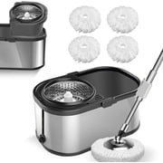 Spin Mop and Bucket Set for Cleaning with Extra Refills Microfiber Heads, Spin Mop and Bucket Separate Clean and Dirty Water, 360 Rotatable Adjustable Cleaning Mop (Silver)