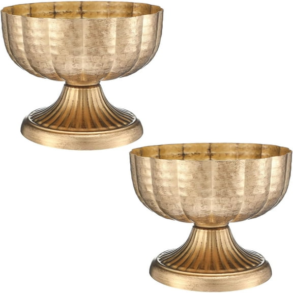 2 Pcs Distressed Gold Metal Compote Bowl 8" Wide Gold Compote Vase Flower Fruits Plant Holder Centerpieces for Wedding Birthday Party Anniversary Indoor Outdoor Activity for Most Event