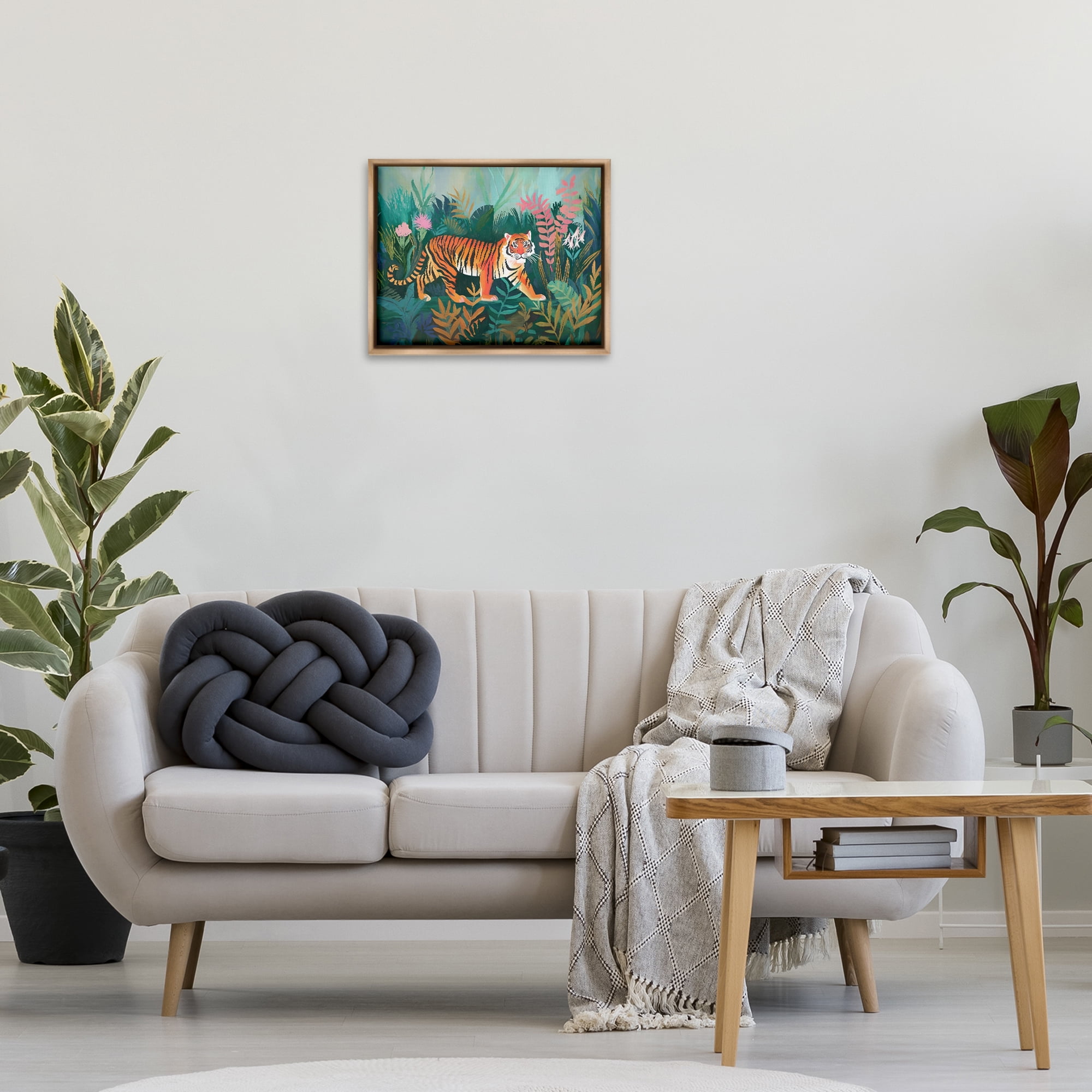 Stupell Industries Tiger in Jungle Leaves Animals & Insects Painting Brown Floater Framed Canvas Art Print Wall Art, 21 x 17