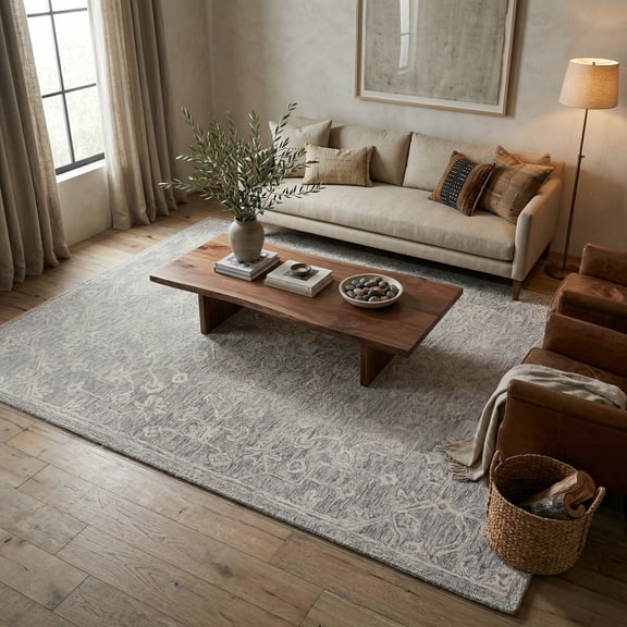 LR Home Sage 7'6" x 9'6" Silver/Gray Floral Wool Indoor Area Rug