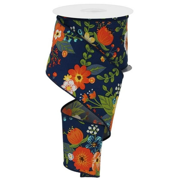 Graphic Florals Wired Edge Ribbon, 10 Yards (2.5 Inch, Navy)