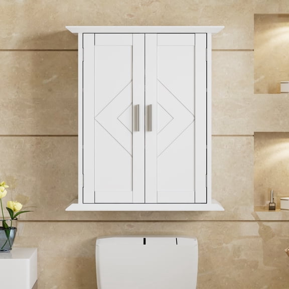 VECELO Large Bathroom Wall Mount Cabinet, Wooden Storage Cabinet with 2 Doors and Adjustable Shelves, Medicine Cabinet, White