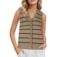 thumbnail image 2 of Winter Knit Sweaters Women's Sweater Cardigan Vests Casual Loose Button Striped V-Neck Sweater Vests Tops S-55 Khaki XL, 2 of 8