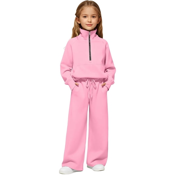 Mercatoo Girls Half Zip Tracksuit, Fleece Pullover and Wide Leg Sweatpants Set, Sporty Casual Outfit for Fall Winter and School Wear