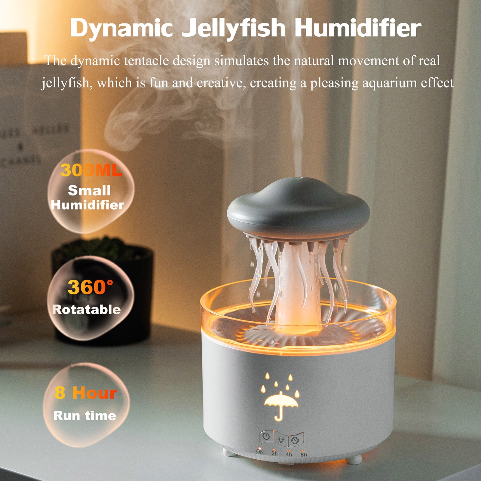 Humidifier for Bedroom, 7-Color Rotatable Dancing Jellyfish Rain Humidifier with Water Drip Effect, 300ML Small Humidifier Aroma Diffuser with Remote & Timer, Cute Humidifier Gift for Kids Teen Women