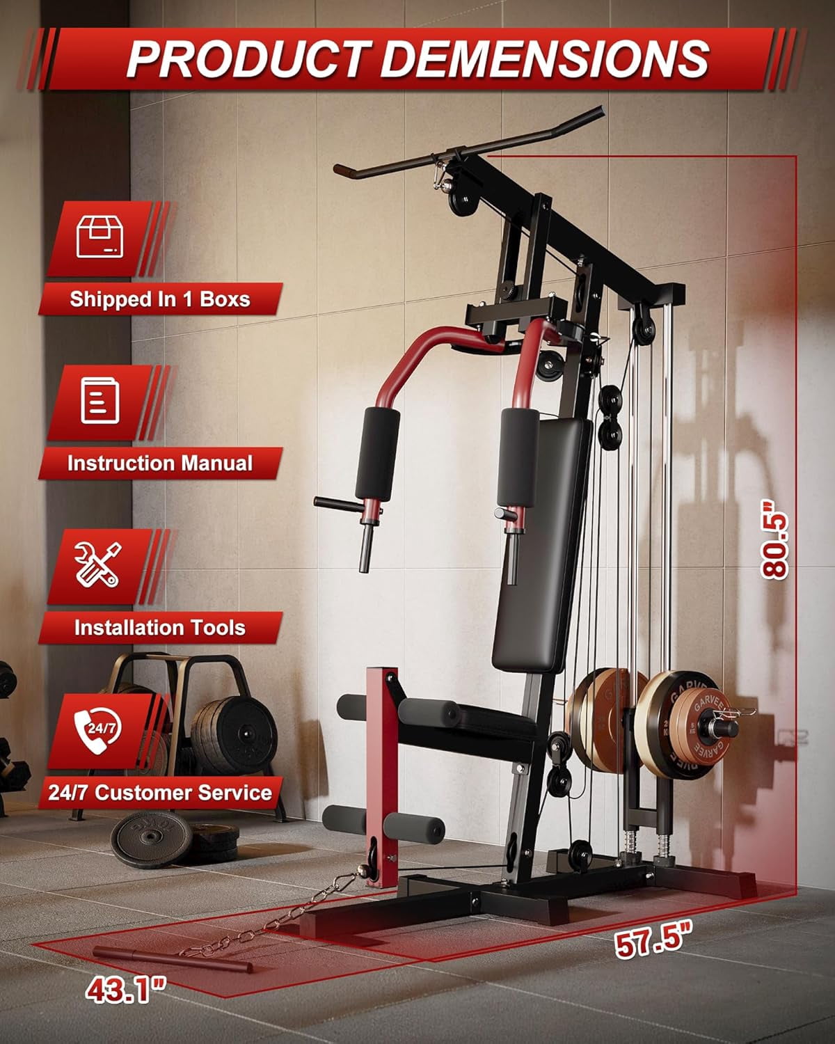 GARVEE Home Gym Station, Multifunctional Home Gym Equipment for All Body Training with Leg Press & Pulley System, Red