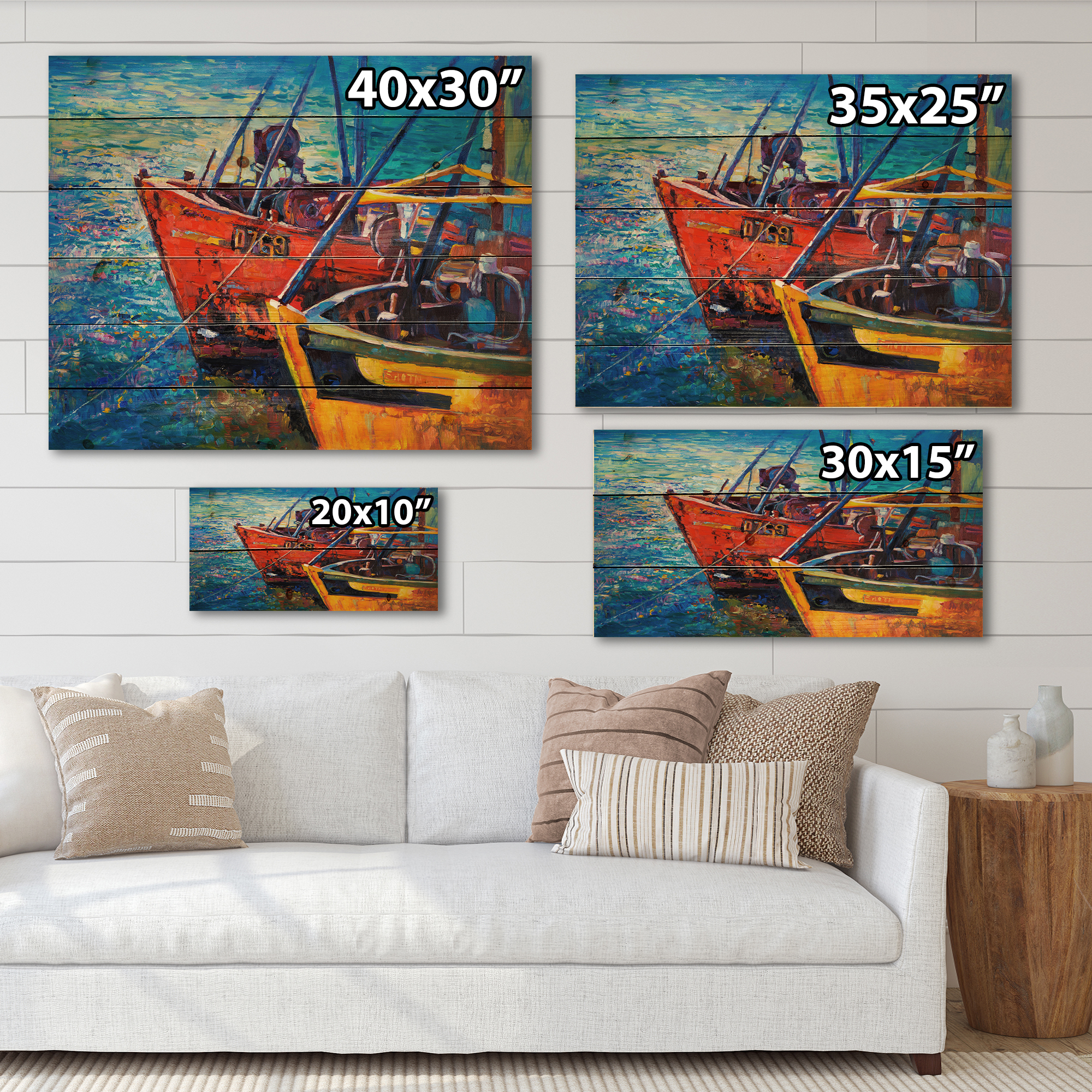 Designart 'Boats During Warm Sunset Resting On The Water VII' Nautical & Coastal Print on Natural Pine Wood