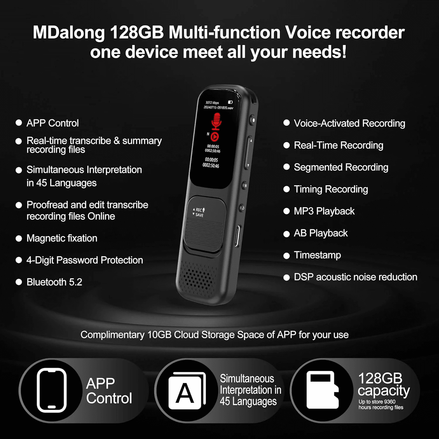 128GB Digital Voice Recorder with App, 3072kbps Portable Voice Recorder with Transcription and Summary, Recording Device with Playback