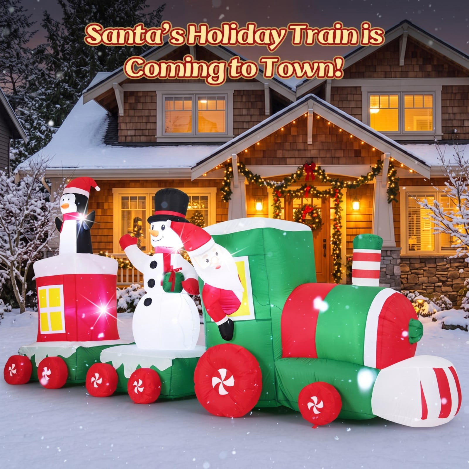 RUIE 11.5 FT Christmas Inflatables Train, Blow Up Santa Driving Train with Snowman Penguin and LED Lights, Outdoor Yard Decor for Lawn - Multicolor