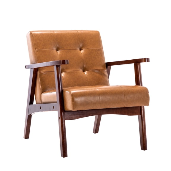 HomeMiYN Mid Century Modern Accent Chair with Wooden Frame, Faux Leather Reading Armchair for Living Room, Caramel