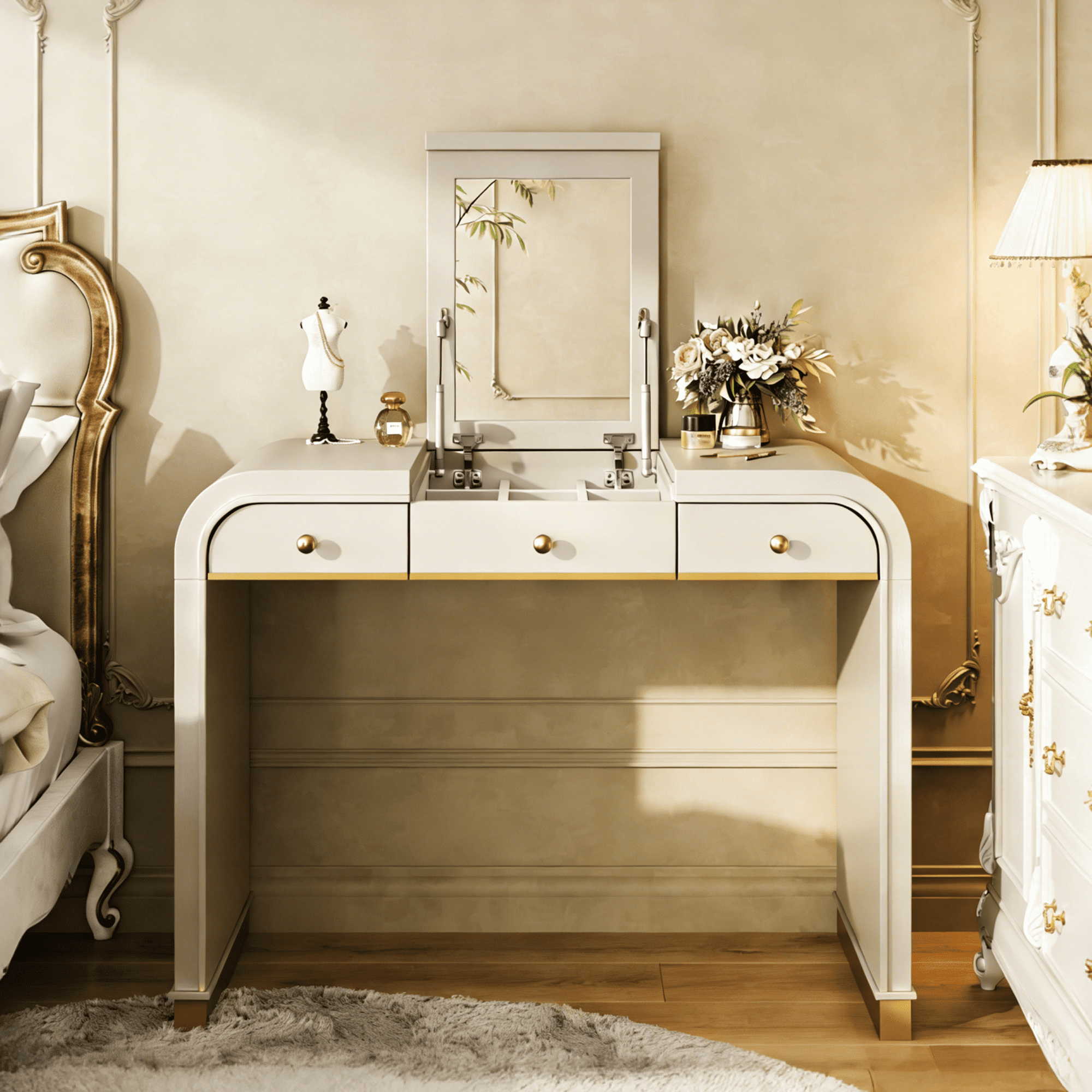 Mintazer Classic Wood Vanity Set with Flip Mirror, 3-in-1 Dressing Table with 2 Drawers & Storage Space, Makeup Vanity Desk for Bedroom, Champagne