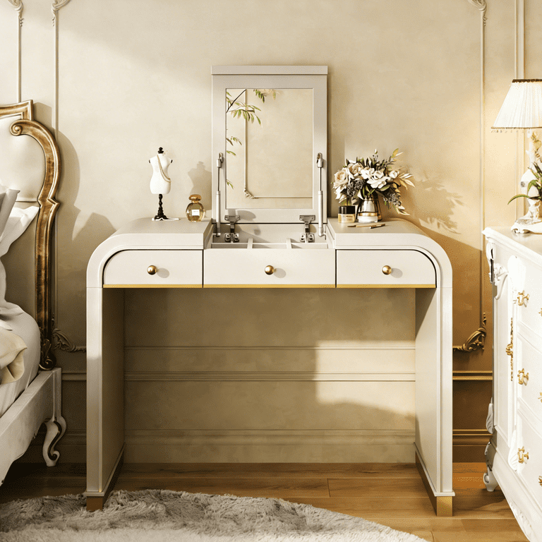 Mintazer Classic Wood Vanity Set with Flip Mirror, 3-in-1 Dressing Table with 2 Drawers & Storage Space, Makeup Vanity Desk for Bedroom, Champagne