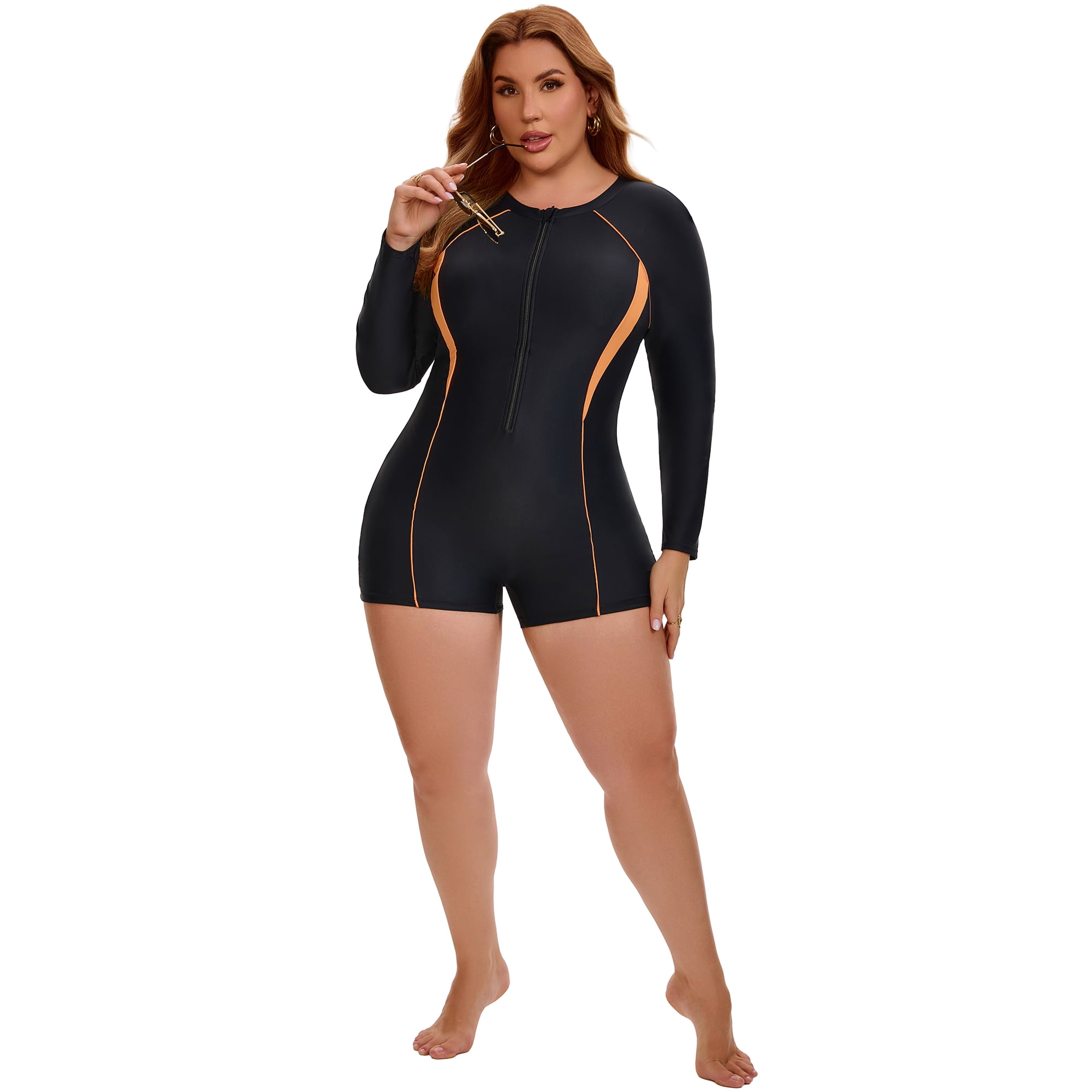 DARING DIVA Women's Plus Long Sleeve Surfing Bathing 1 Suit 3X Black Orange