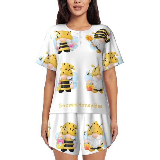 Balery Gnomes Honey Bee Conjunto de Pijama para Mujer con Estampado, Dos Piezas de Manga Corta y Shorts, Ropa de Dormir Suave con Cuello Redondo y Bolsillos-XX-Large