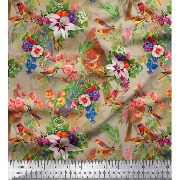 Soimoi Modal Satin Fabric Birds,Leaves & Lily Floral Fabric Prints by Yard 42 Inch Wide