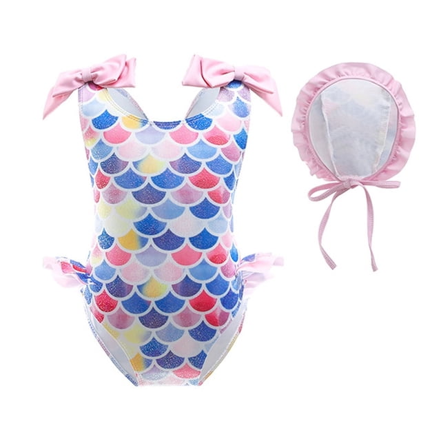 Toimothcn Maillot de Bain Fille Sans Manches Décontracté Écailles de Poisson Colorées Imprimé Ensemble de Bain 2 Pcs Séchage Rapide Couverture Maillot de Bain 3-4 Ans
