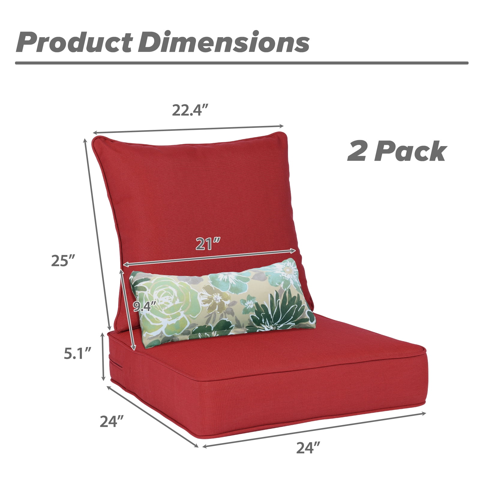BPS 24x24x5 inch Outdoor Deep Seat Cushion, Water-Resistant Patio Furniture Cushions for Outdoor Chairs, Sofa, Couch, 2-Piece, Red
