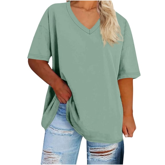 Craaazy Ladies Plus Size Oversized V Neck Short Sleeve Tee Relaxed Fit Casual Summer Blouse Gifts