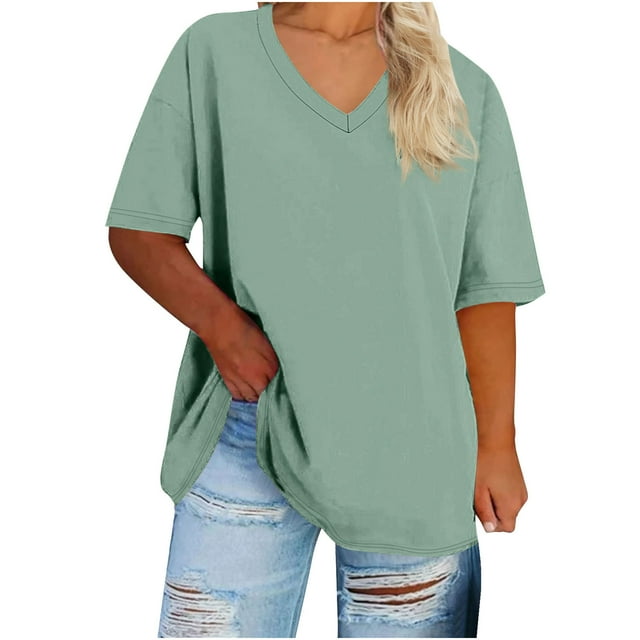 Womens Summer Oversized T-Shirts Plus Size Loose V Neck Basic Tee Shirts Short Sleeve Casual Y2k Tops Light Green, 3XL