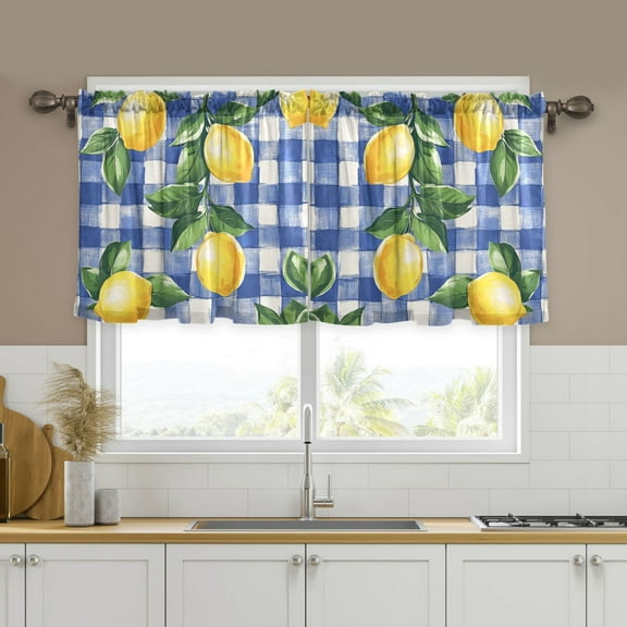 Yayeee Kitchen Curtains Tier Set of 2 Light Filtering 57"x24" Over Sink Window Panels, Blue Plaid Lemon