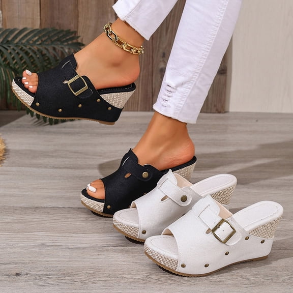 Women's Raffia Wedge Heeled Mules, Buckle Strap Peep Toe Dress Sandals, Plus Size Comfortable Wedge Heel Shoes for Spring Summer Wear