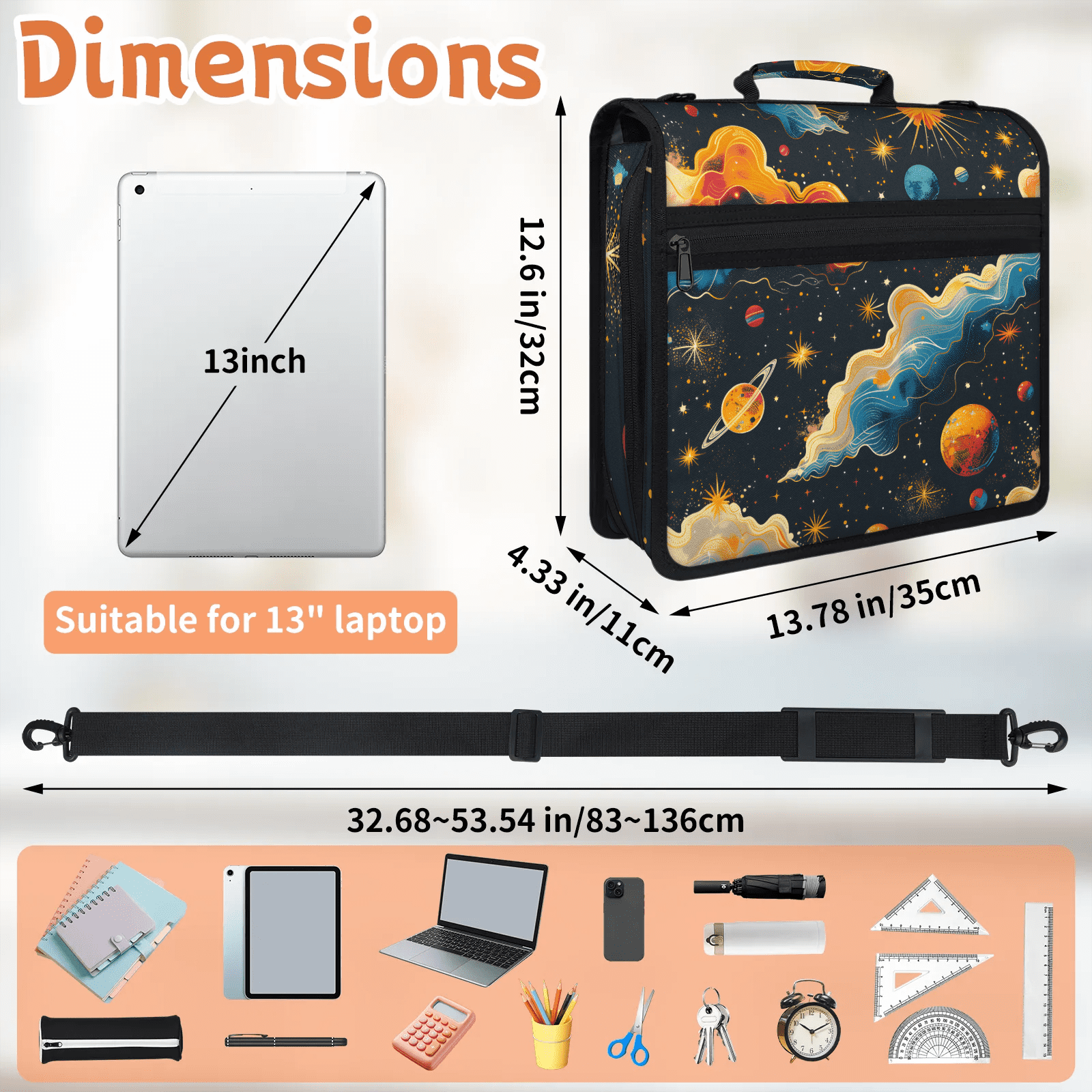 Herdesigns Outer Space Zipper Binder 1.5 Inch 3 D-Rings with Shoulder Strap & Handle, Waterproof Galaxy Star Binder Organizer Bag for 13 Inch Laptop