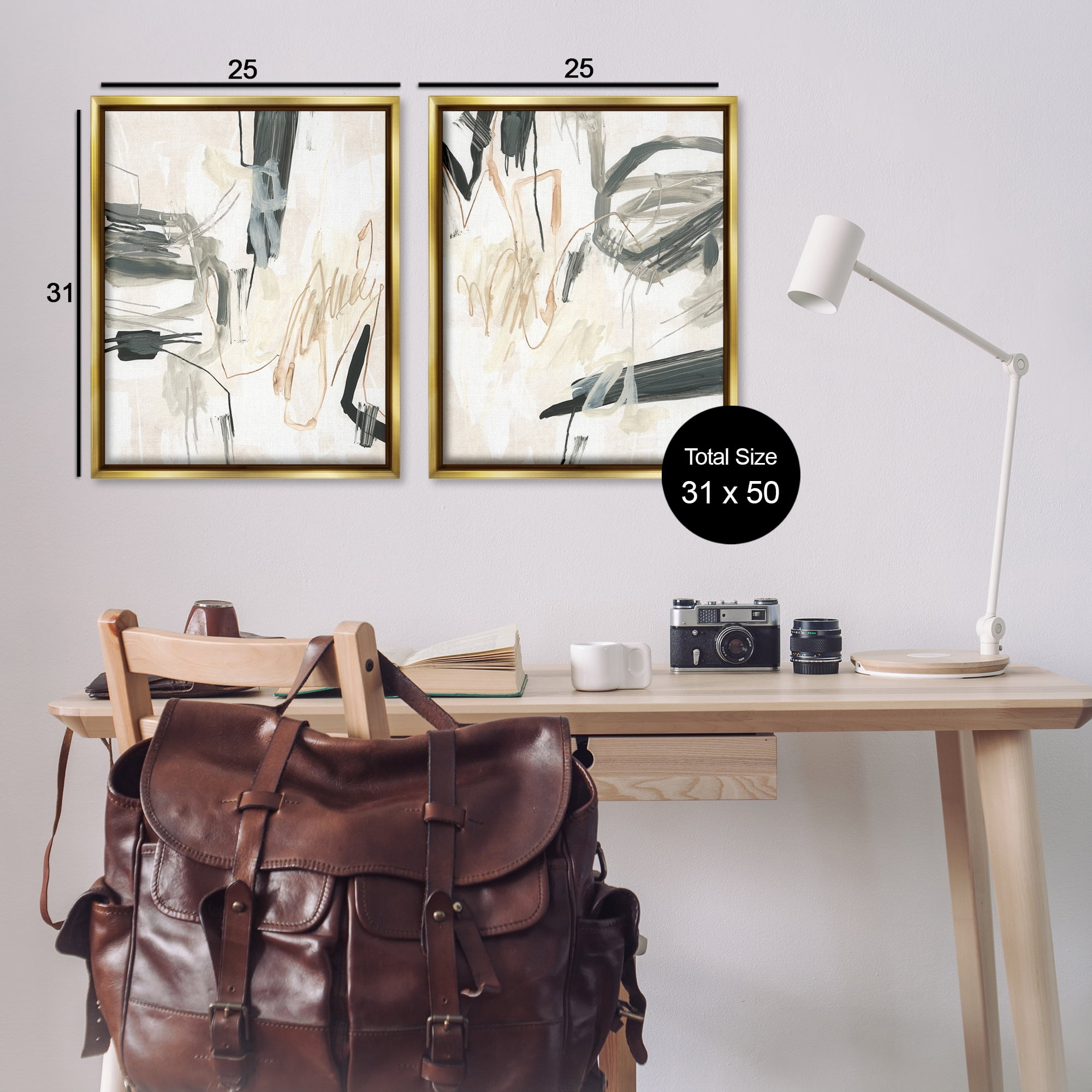 Stupell Industries Abstract Squiggly Beige Lines Abstract Painting Gold Floater Framed Canvas Art Print Wall Art, 31 x 25, Set of 2