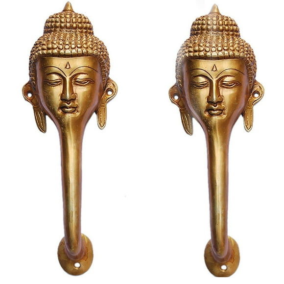 Aakrati Door Handle 0f Gautam Buddha Made in Brass Metal Antique Yellow Finish : Unique Door Hardware Pull Handle India