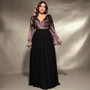 AURA Womens Plus Size V Neck Evening Dress Long Sleeve A Line Maxi Party Birthday Formal Gown
