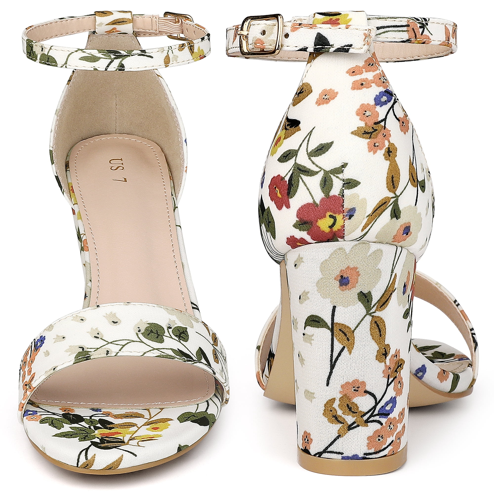 DARING DIVA Women's Floral Open Toe Ankle Strap Chunky Heel Sandals White 5.5