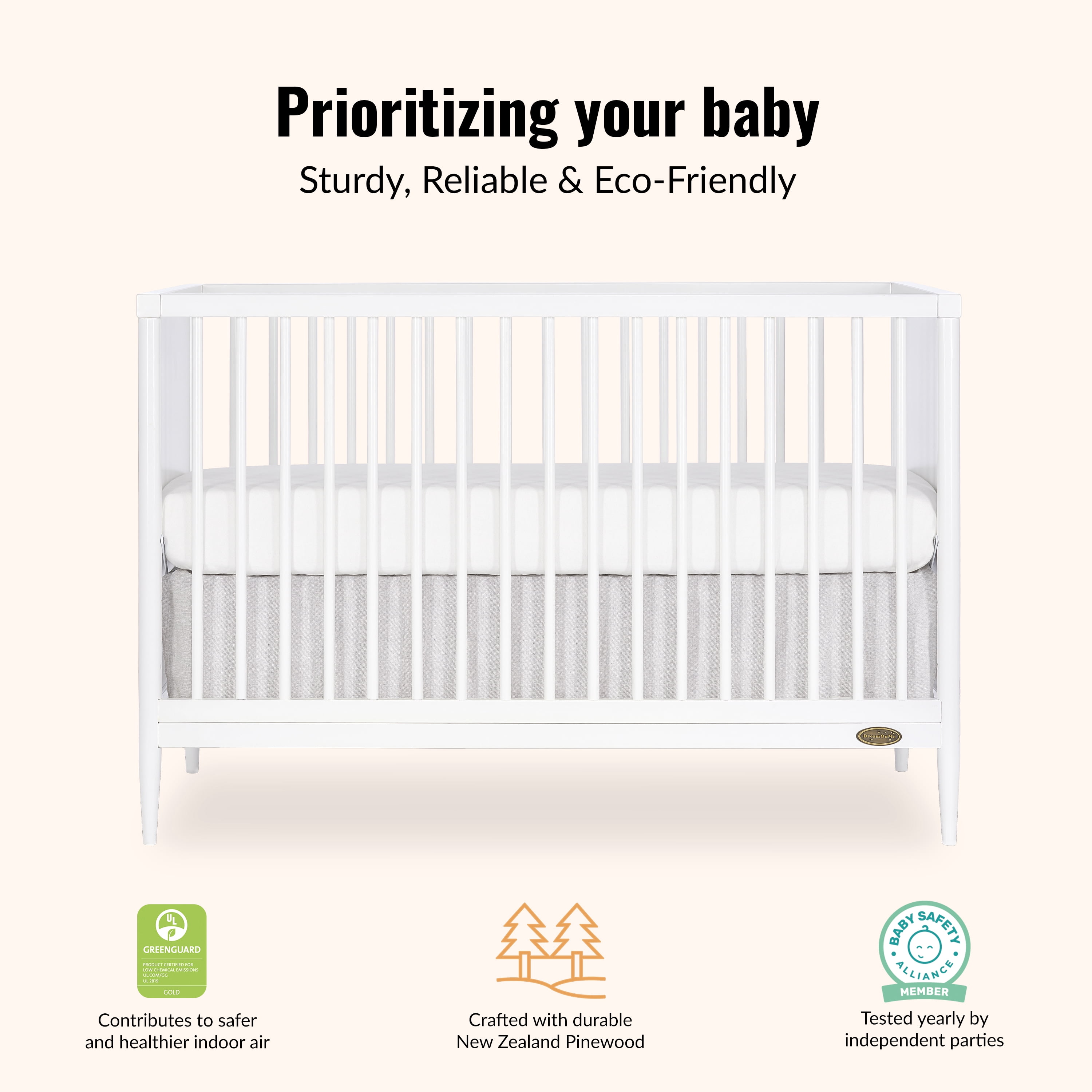 Dream On Me Clover 4 In 1 Modern Island crib With Rounded Spindles I Convertible Crib I Mid- Century Meets Modern I Coordinates With The Clover Changing Table In White Finish