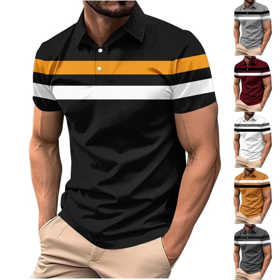QIUOMBBP Business Casual Shirts for Men Striped Short Sleeve Button Collared Polos Shirt Summer Plus Size Slim Fit Comfy Golf Tee Wine L