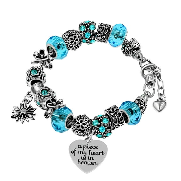 Uloveido Crystal Beaded Bracelet Handmade Carved Love Vintage Silver Color Snake Chain Charm Bracelet Gifts for Her Y807 (Blue)