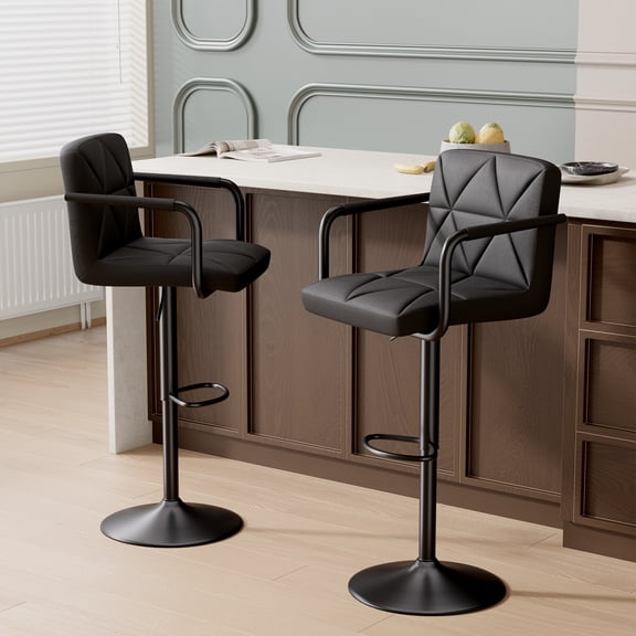 Bar Stools Set of 2, Black Faux Leather with Metal Armrests, 360 Degree Swivel Adjustable Height 300 lbs Capacity for Kitchen Island
