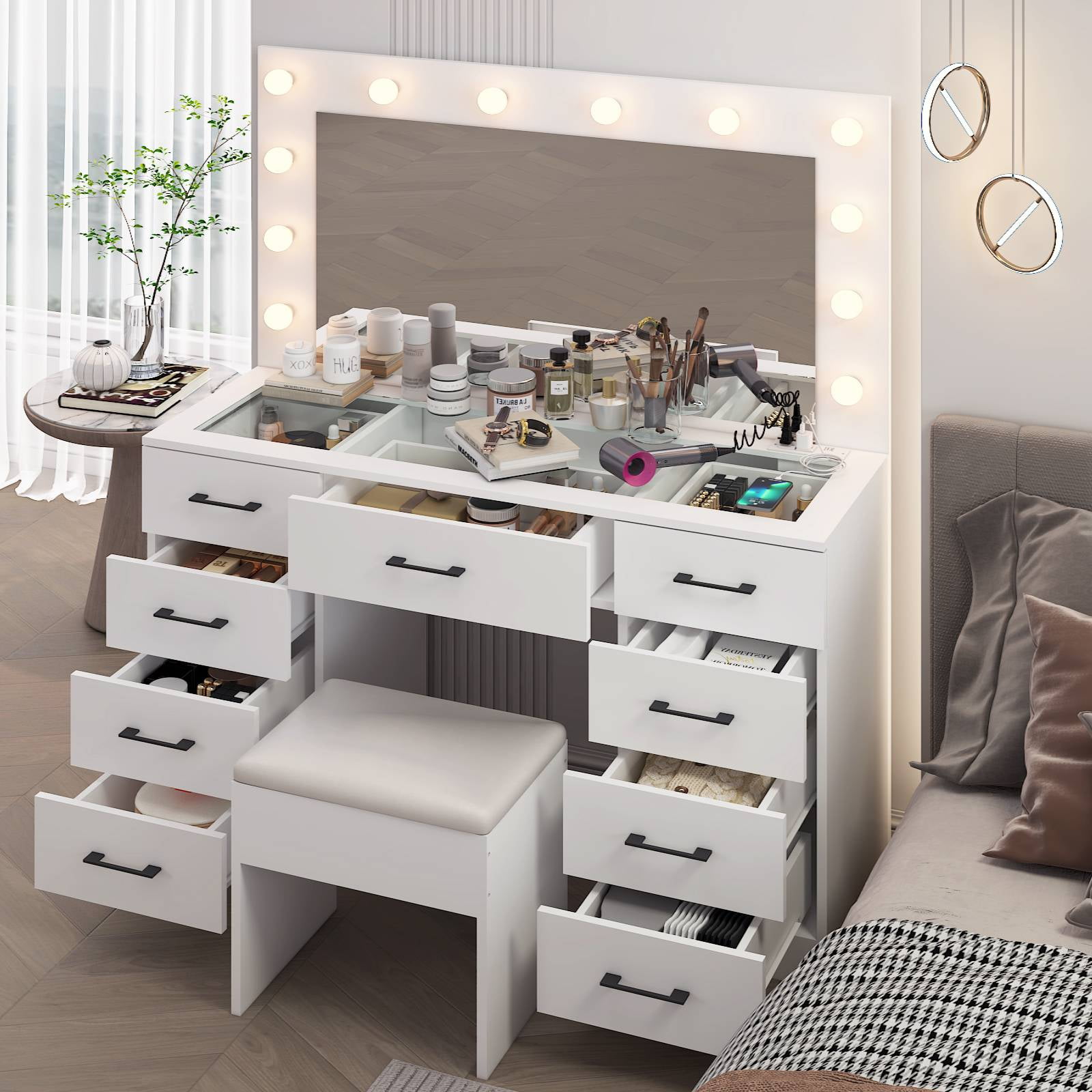 Ktaxon Large Makeup Vanity, Get Ready with Me GRWM Vanity Table Set w/ Visible Glass Top w/ Charging Station, White