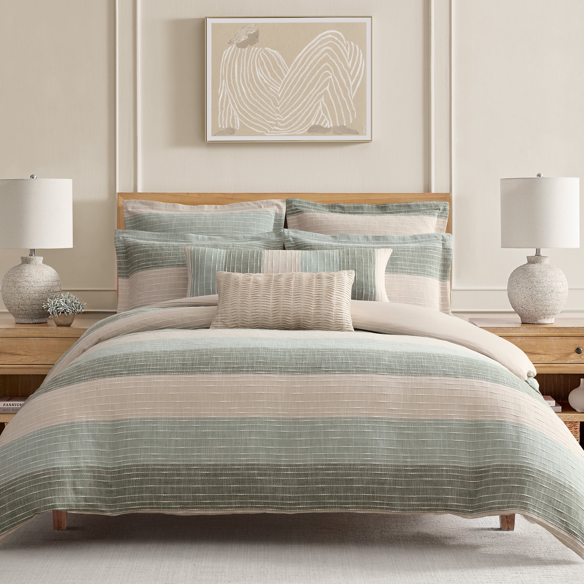 Levtex Home Sand Stripes Sage King Duvet Cover Set (106x94in) with 2 Pillowcases (36x20in) - Woven Jacquard Stripe - Sage, Green, Beige, White - Cotton King Size Duvet Cover Set - Soft, Pre-Washed