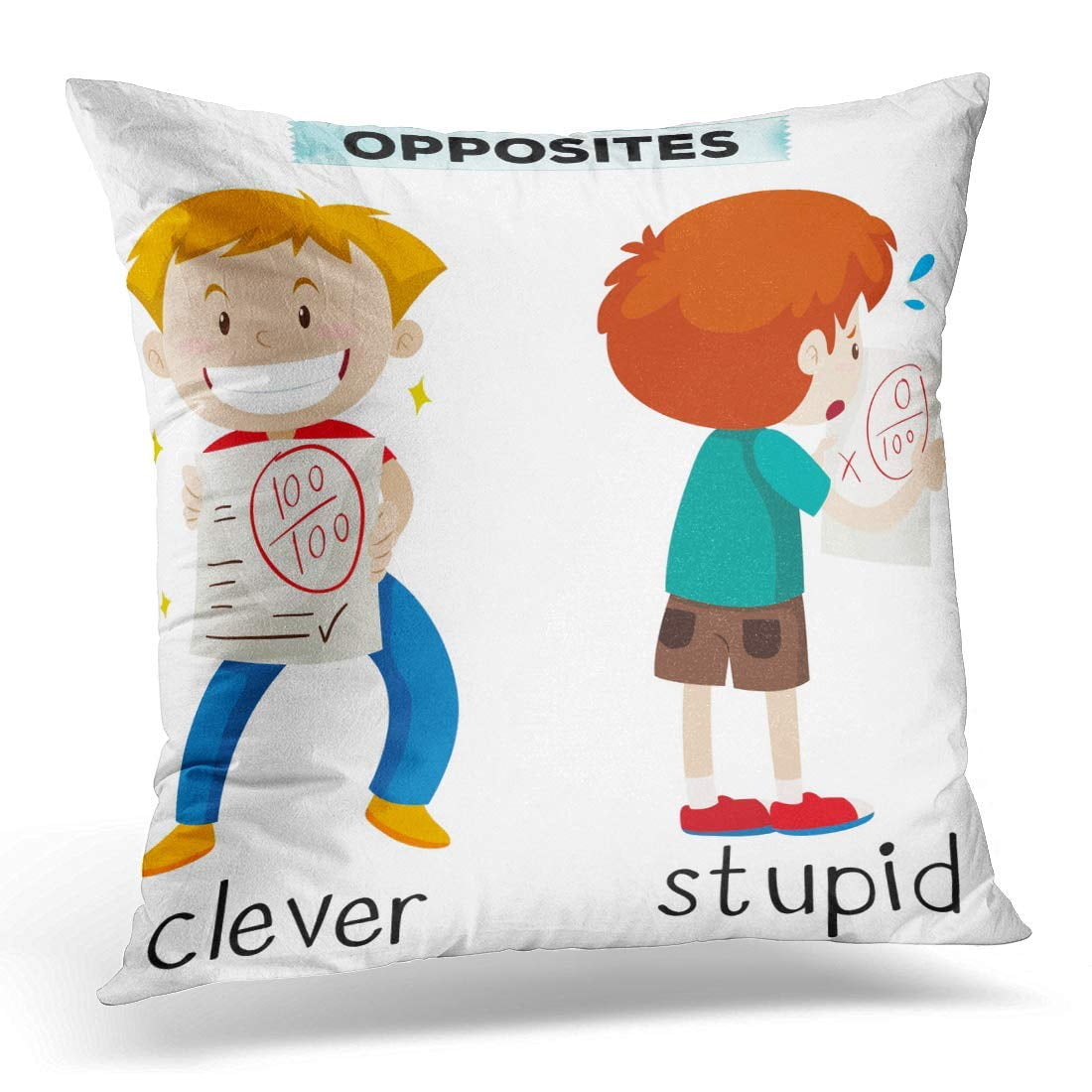 CMFUN White Adjectives Opposite Words for Clever and Stupid Boy Pillow