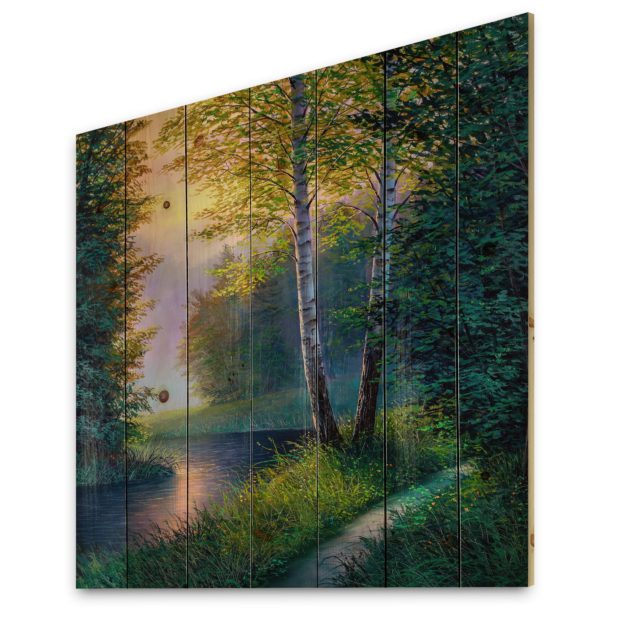Designart 'Sunrise Glow Through The Birch Forest' Lake House Print on Natural Pine Wood
