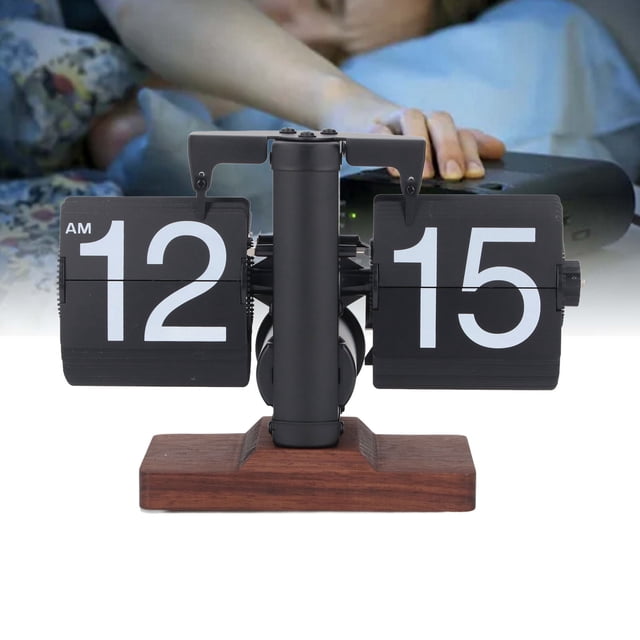 Flip Desk Clock, Battery Powered Retro Flip Down Clock 12 Hours Single Sided Digital Flip Desk Clock Mechanical Clock Auto Flip Down Clock with Wood Base for