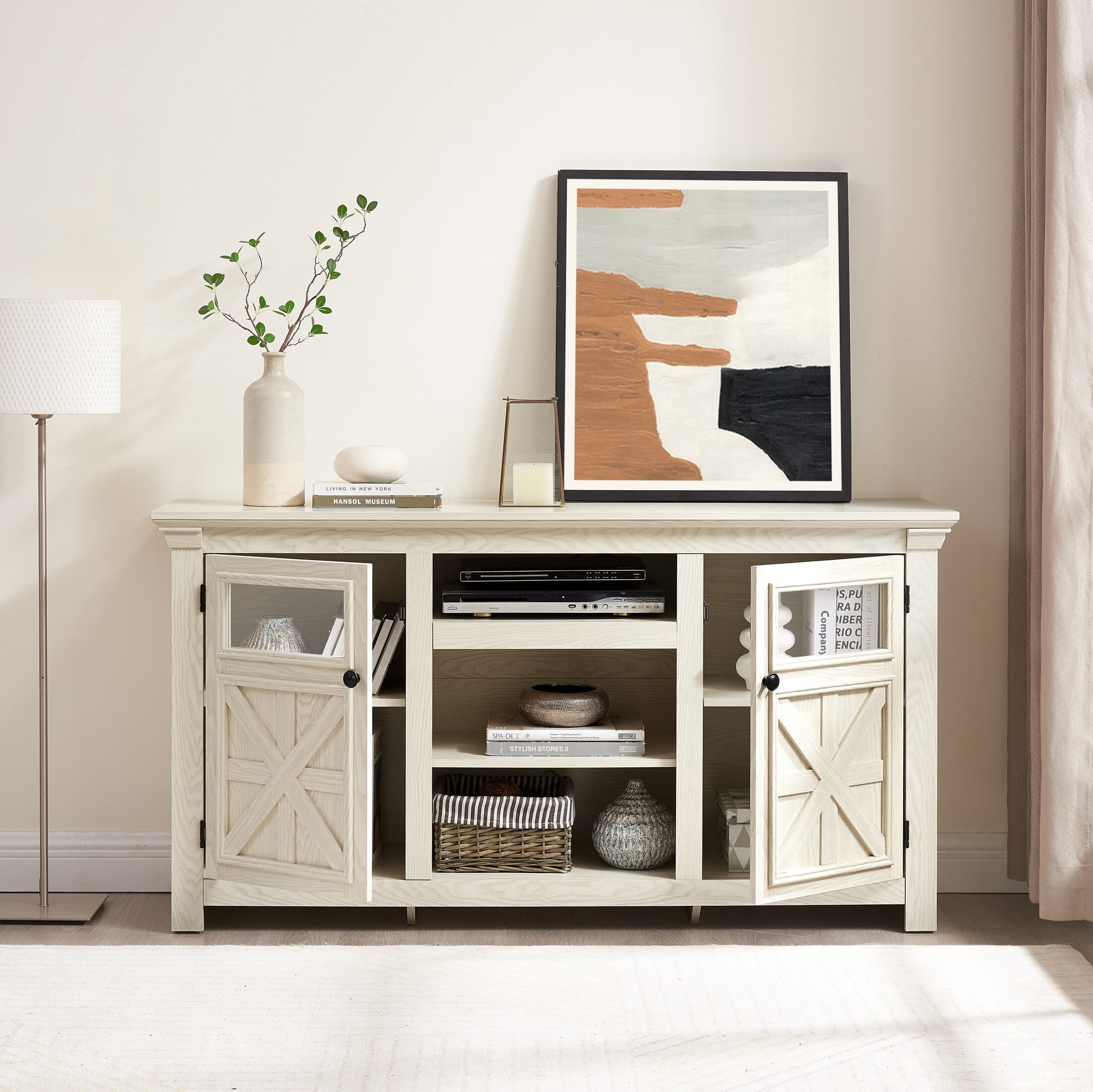 DEALTOPS Farmhouse TV Stand with Spacious Cabinets, Console Table with Adjustable Shelves for TVs Up to 65'', Antique White
