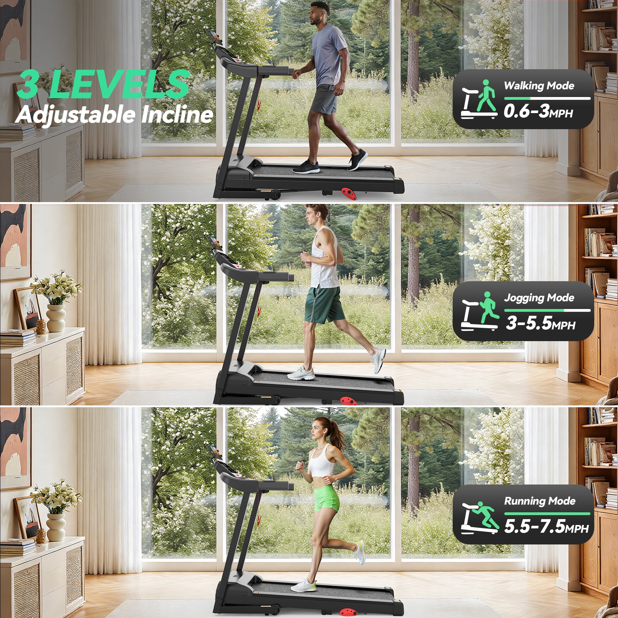 Treadmill for Home with 3-Level 9% Incline, Foldable Treadmill for Home Small Office, Compact Portable Running Treadmill with Handle,Digital LCD Display, APP Control, 300 lbs Capacity